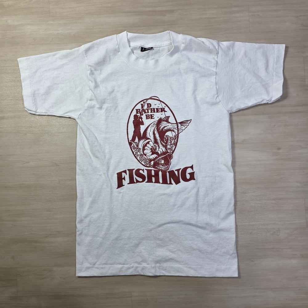 Screen Stars Mens White I'd Rather Be Fishing Graphic T Shirt Size XS